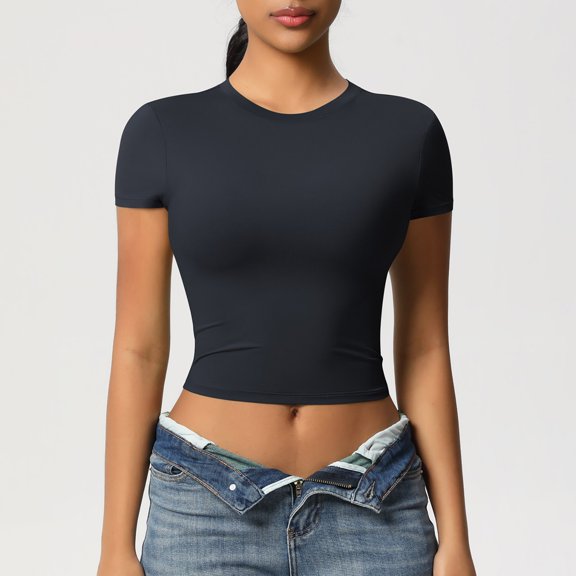 Itsame Summer Loose T-Shirt for Womens Solid Color Short Sleeved Tops Tight Round Neck Blouses Black Size L