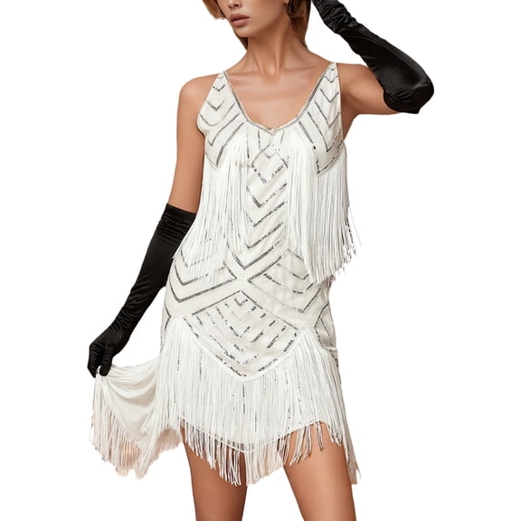 KHONTS Women's V-Neck Spaghetti Strap Mini Short Dress Tassels Sequin Beaded Party Dress White XL