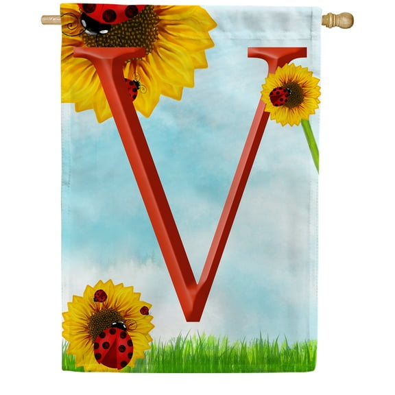 America Forever Summer Sunflower Ladybugs Monogram House Flag Letter V 28 x 40 inches Yellow Floral Spring Double Sided Vertical Outdoor Yard Lawn Decorative Yellow Hello Sunshine House Flag
