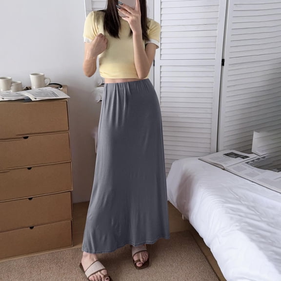 Skirts for Women Elastic Waist Solid Color Casual Ankle Skirt for Women Dark Gray Free Size