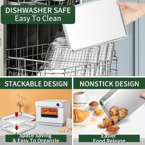 Baking Sheet and Cooling Rack Set (2 Baking Pans + 2 Baking Racks), Stainless Steel Cookie Sheet Baking Pan Tray for Toaster Oven, Non Toxic & Heavy Duty & Easy Clean, Size 16 x 12 x 1 Inches