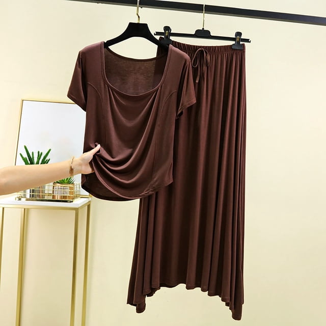 Pisexur Pyjama pour Femmes Ensemble, Pyjamas pour Femmes, Mode Femme Décontractée Jupe à Manches Courtes Ample et Ajustée Ensemble Décontracté Deux Pièces Café, 2TG