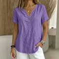 thumbnail image 4 of QUNYINEY Womens Summer Tops Trendy Short Sleeve Cotton Linen Purple T-Shirts Casual Loose Fit Button Pullover V Neck Tops, 4 of 6