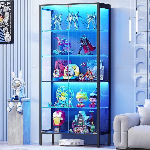 BROTTAR Glass Display Cabinet, 5-Tier Display Case with Adjustable Glass Shelves, Metal Curio Cabinet with 3 Color Lights for Collectibles, Bookcase with Human Body Sensor, Black