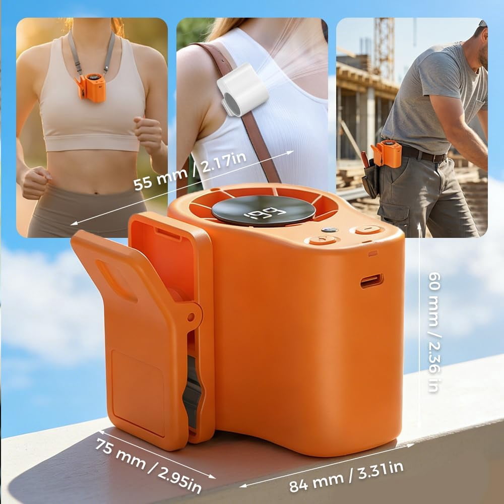 Portable Clip on Fan, 2026 Car Clip on Air Conditioner Fan with LED Display, 199 Speeds & Semi-Cooling Fan, USB Rechargeable Personal Fan for Cars, Work, Camping (ORANGE)