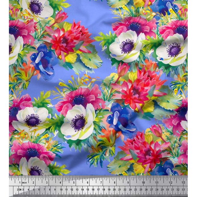 Soimoi Silk Fabric Leaves,Lotus & Anemone Floral Decor Fabric Printed Yard 42 Inch Wide