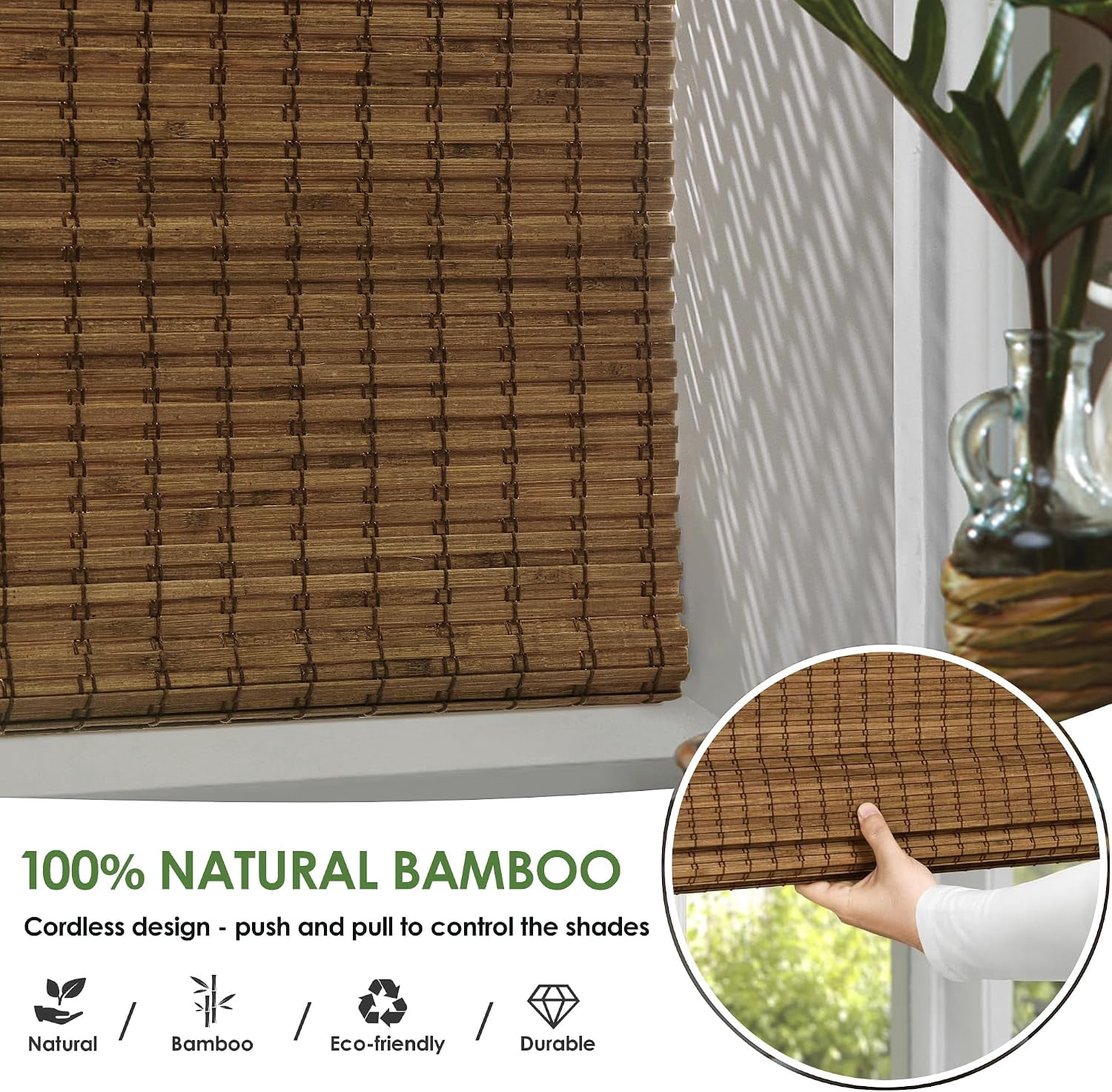 LazBlinds Cordless Bamboo Roman Shades, Privacy Blinds for Interior Windows, Room Darkening Roll Up Bamboo Blinds for Home & Patio, 33" W x 64" H, Highfield Teak