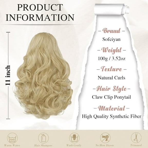 WEIF-Ponytail Extension 11 inch Claw Clip Ponytail Hair Extensions Long Curly Wavy Ponytail Fluffy Clip on Pony Tails Synthetic Hairpiece for WomenLight Blonde mix Bleach Blonde Evenly