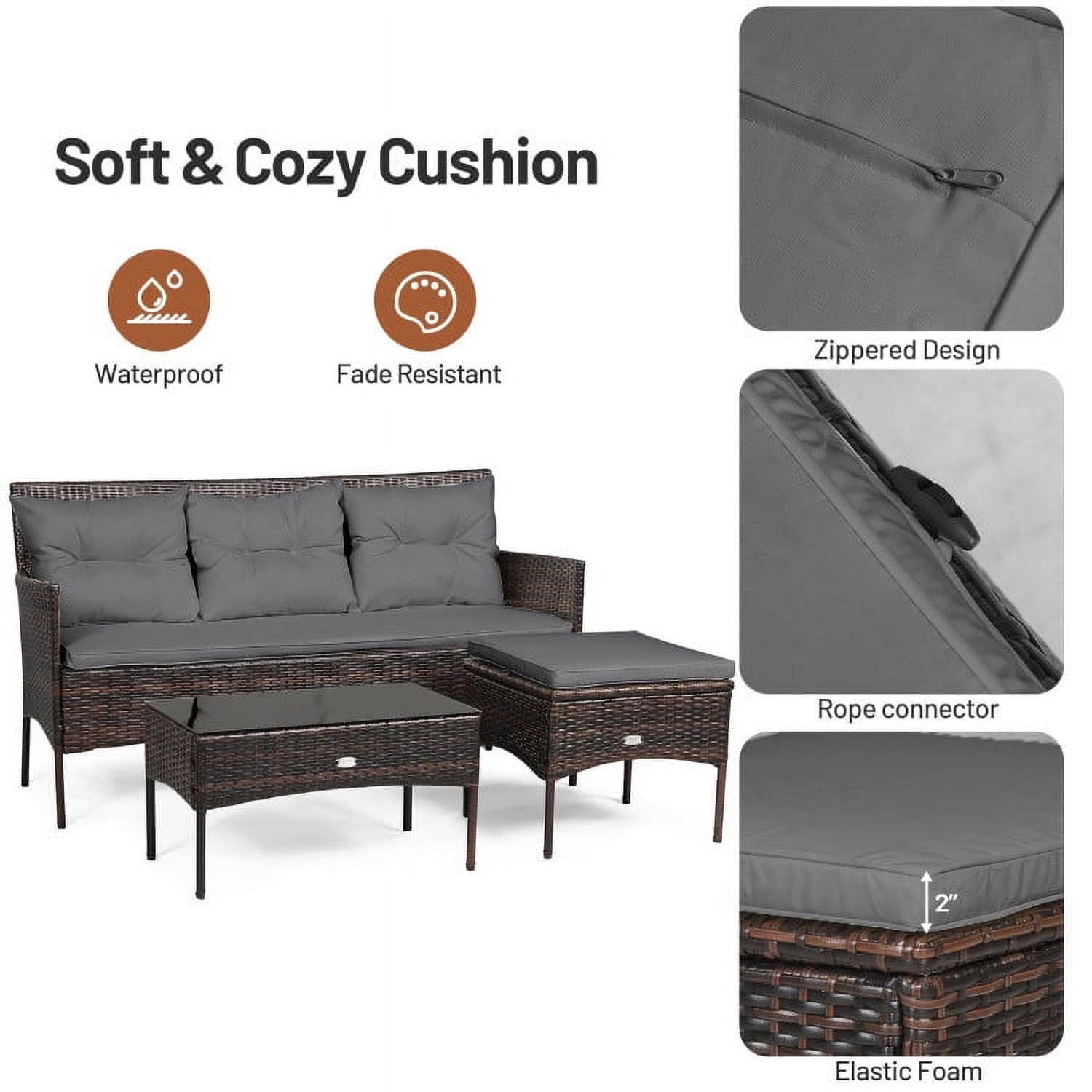 Aimee Lii 3 Pieces Patio Furniture Sectional Set with 5 Cozy Seat and Back Cushions, Outdoor Wicker Patio Furniture Set, Gray