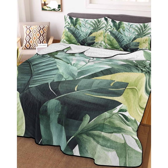 Tropical Plants King Size Down Alternative Comforter, Lightweight Comforter Quilt Bedding Set with Pillow Shams Country Summer Green Palm Leaves All Seasons Bed Comforter Duvet Insert 96"x106"