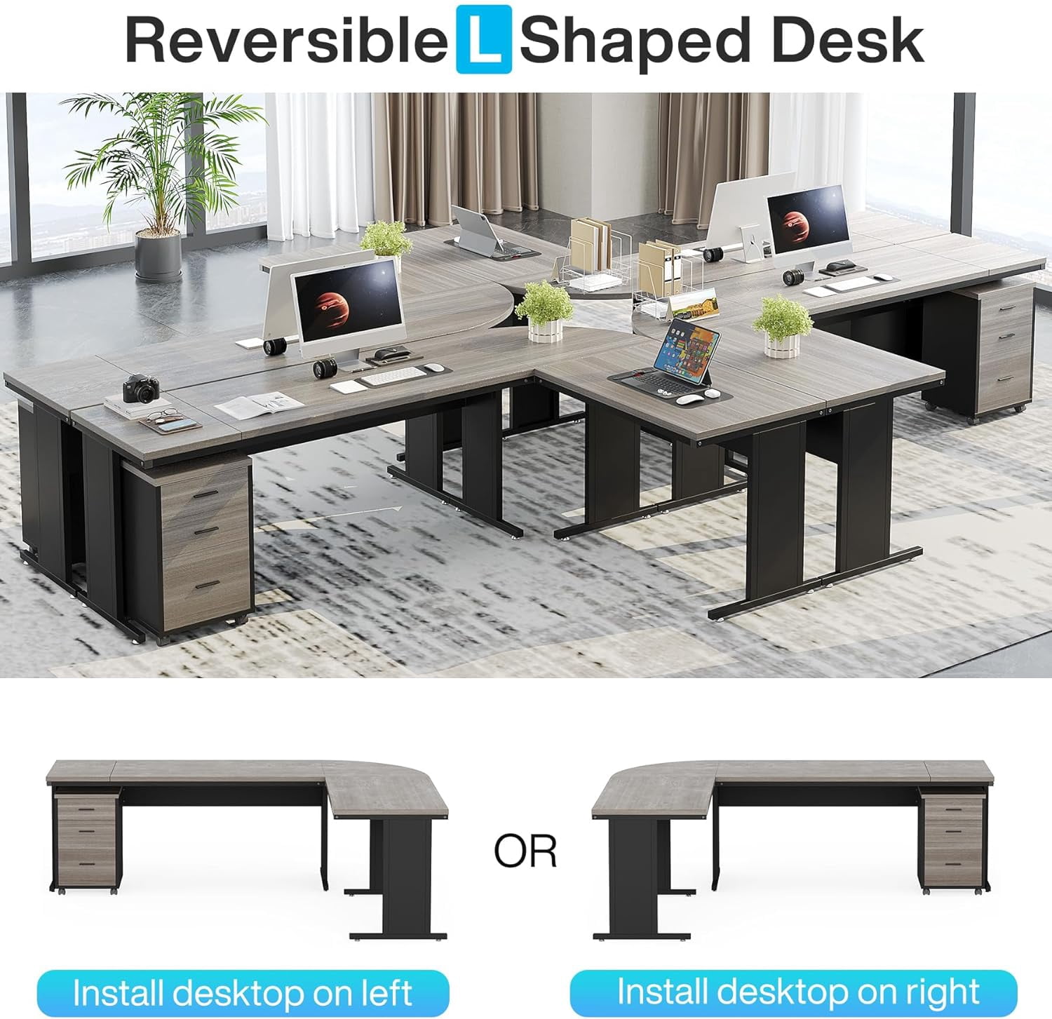 Tribesigns Reversible Executive Desk with 3 Drawer File Cabinet, L Shaped Desk, Gray