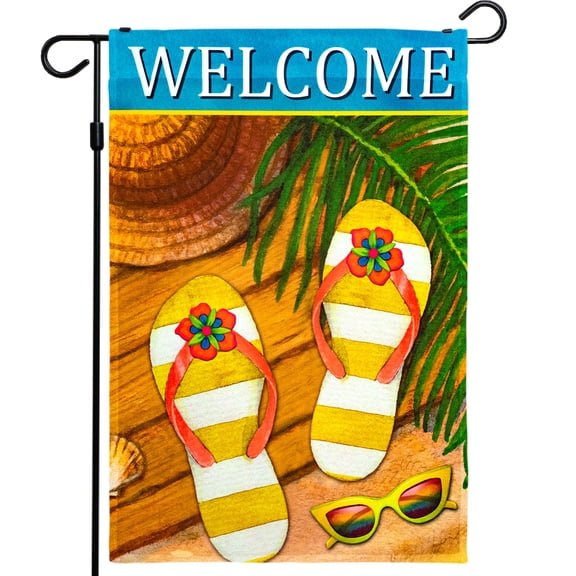 G128 - Welcome Summer Sandals & Sunglasses Garden Flag, Rustic Holiday Seasonal Outdoor Flag 12" x 18”