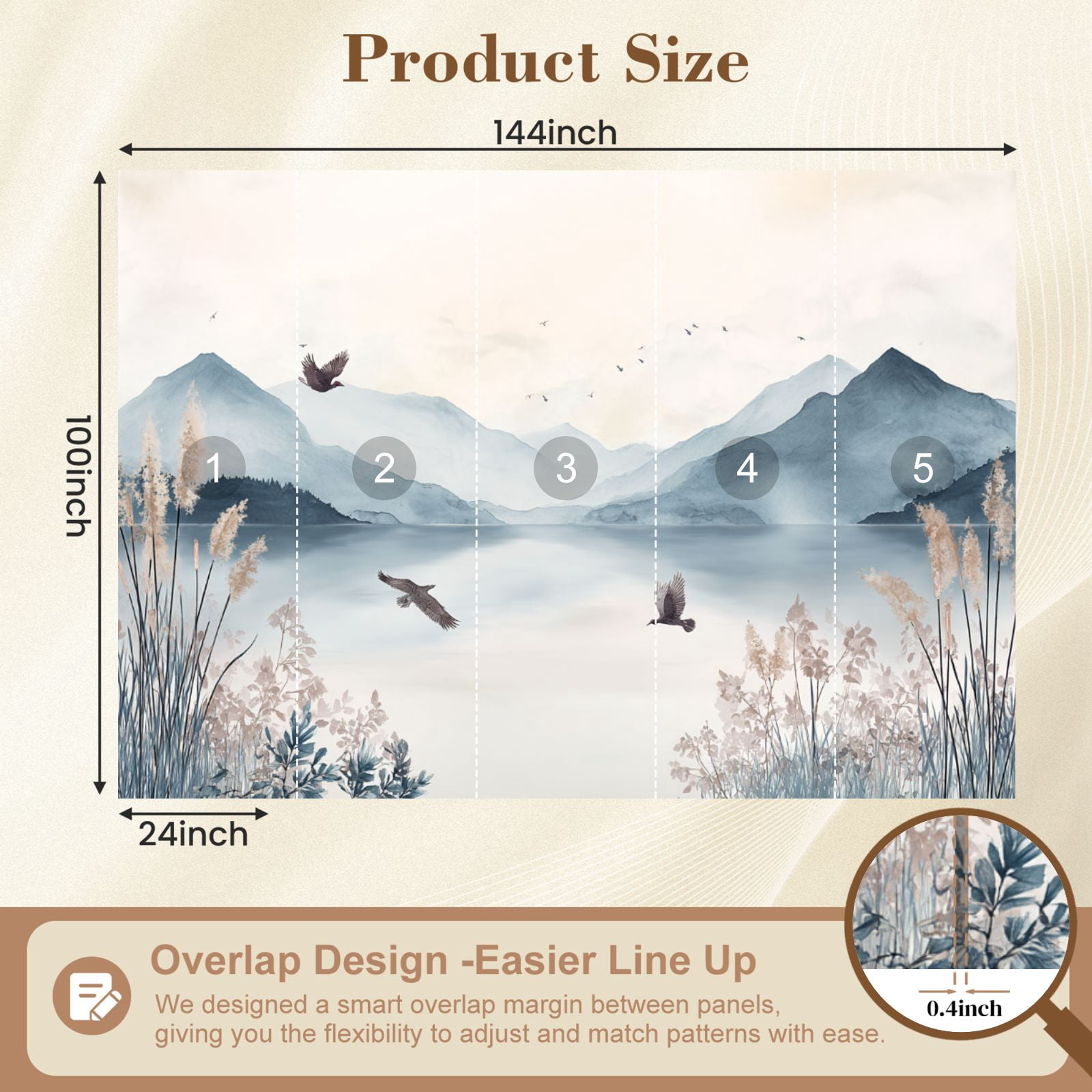 Wallpaper Mountain Peak Lake Wall Mural Tall Reeds Mountains Peel and Stick Wall Murals 100"H x 144"W Removable PVC Wall Paper Self-Adhesive Wall Paintings Art Decor for Bedroom Living Room