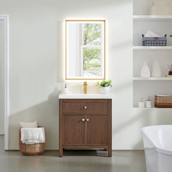 Cerrito 30" Brown Oak Wood Vanity Engineered Stone Integrated Sink with Mirror