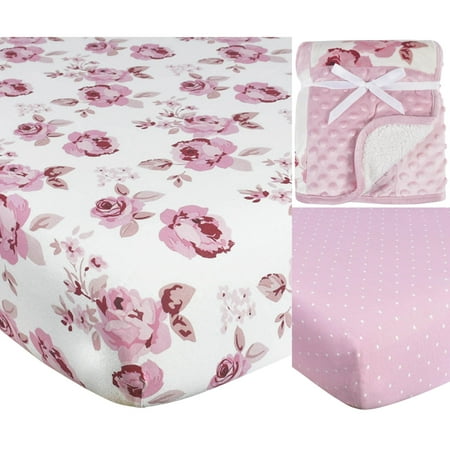 Modern Moments by Gerber Baby & Toddler Girls Fitted Crib Sheets & Patchwork Blanket Set, 3-Piece
