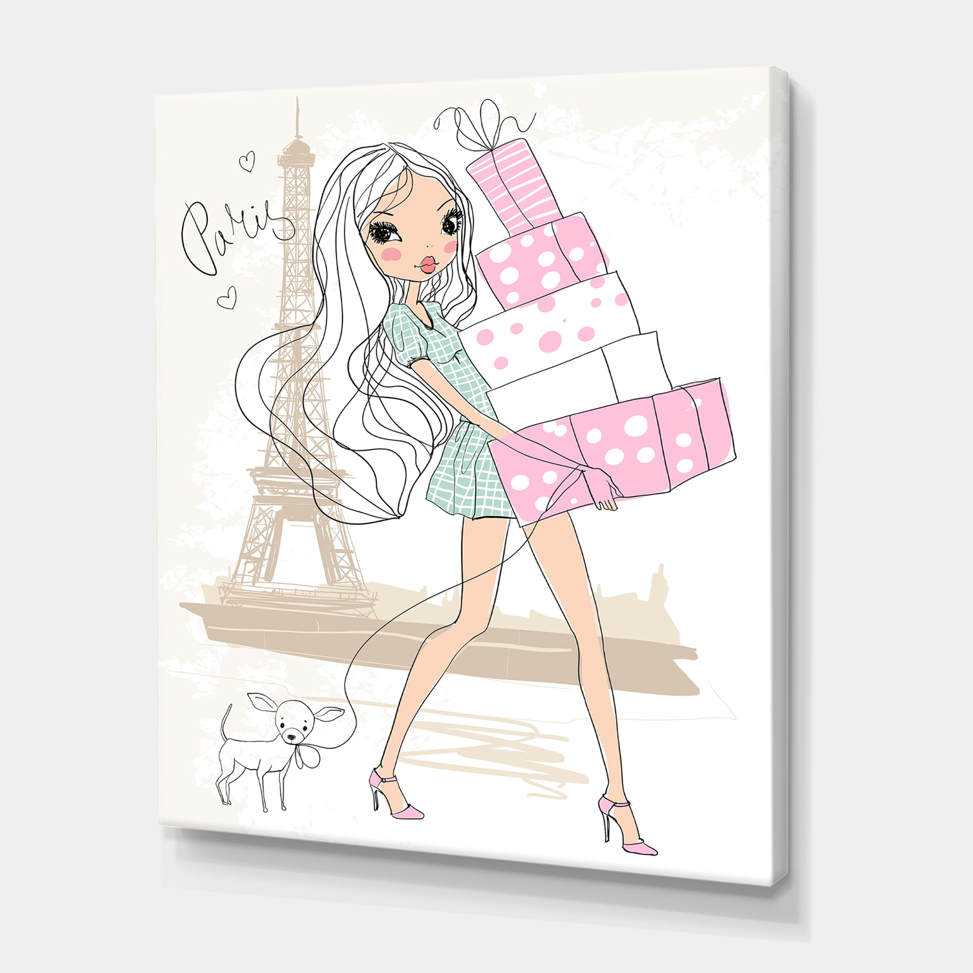 Designart ' Young Woman With Shopping Boxes In Paris ' Shabby Chic Canvas Wall Art Print