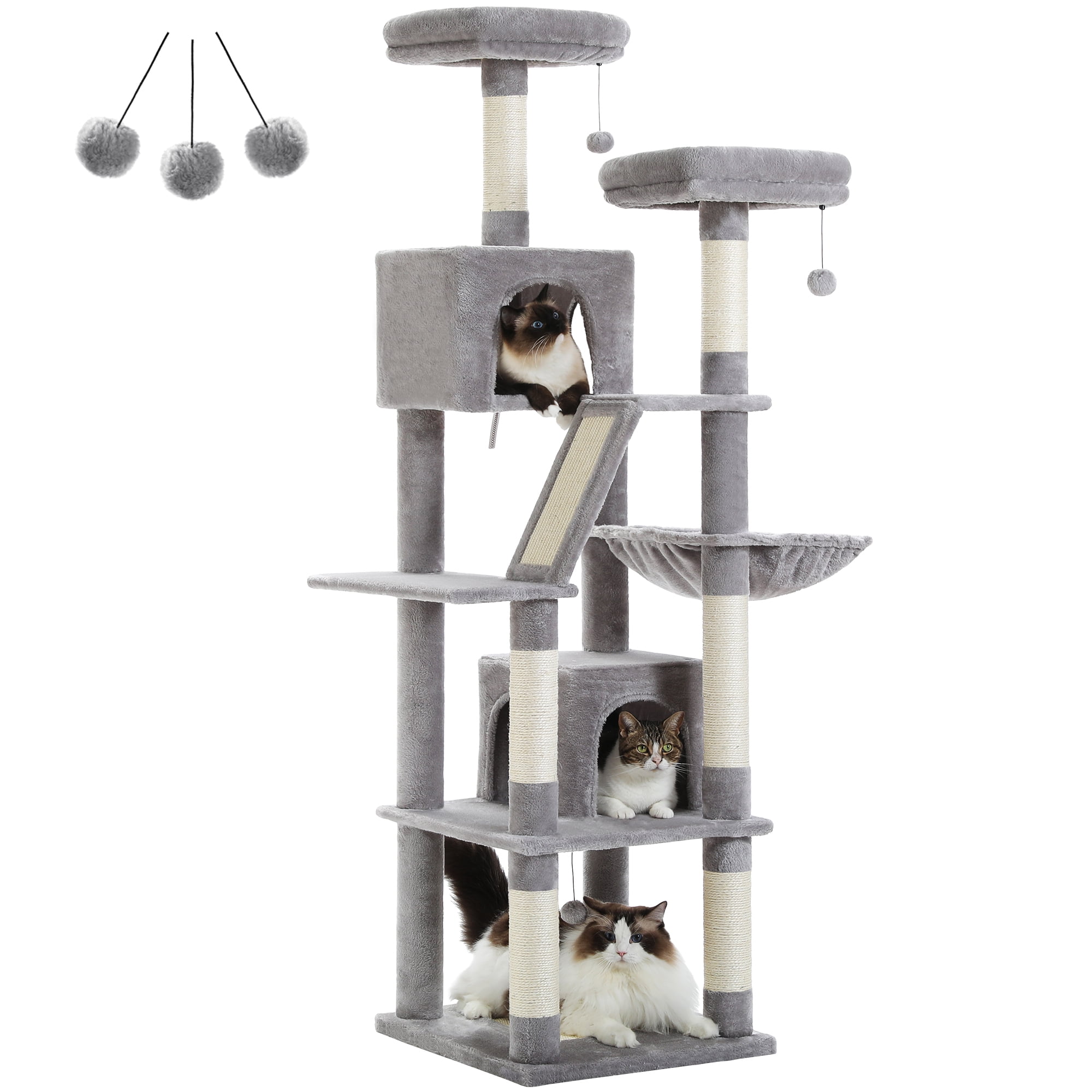Pefilos 70" Cat Tree Tower for Indoor Cats, Multi-Level Cat Tree House Cat Scratching Post with 2 Perches, 2 Cat Condos, Hammock and 2 Pompoms, Gray