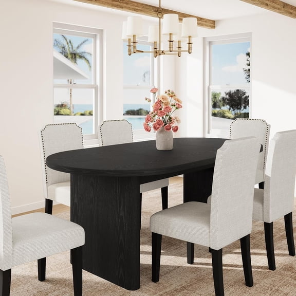 70.8 Inch Oval Dining Table with Upholstered Dining Chairs, Kitchen Table with Sturdy Wooden Base, High Back Dining Chair with Wood Legs for Kitchen (1* Table 6* Chairs, Black Beige)