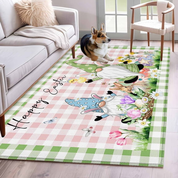 Area Rugs 2.7'x5', Easter Carpet for Living Room Bedroom Dining Room, Spring Gnomes Floral Bunny Duck Green Pink Plaid Throw Kitchen Rugs Non Slip Washable Rectangle Indoor Outdoor Rugs
