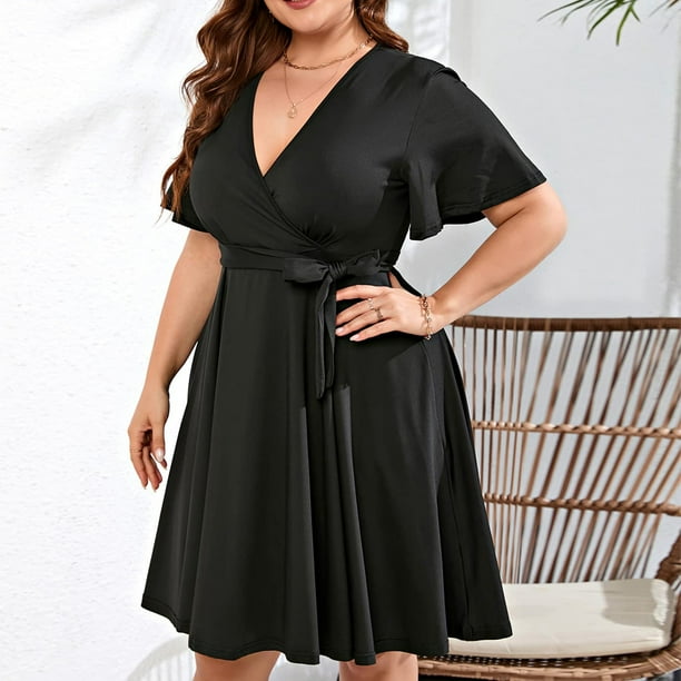 Midi Dress Plus Size Black Boho Dress Zpanxa Womens Plus Size Boho Dress  Casual V-Neck Solid Short