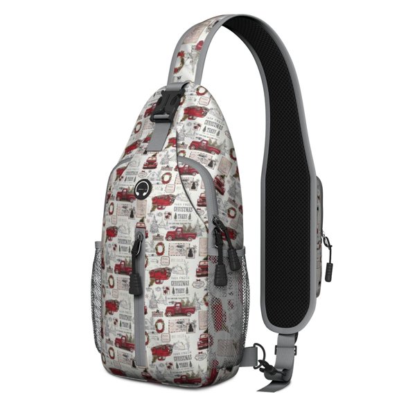 Sling Backpack,White Christmas Truck and Tree Pattern Crossbody Bag with Water Bottle Holder,Waterproof Sling Bag for Men/Women with Chest Phone Holder for Hiking,Travel