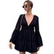 thumbnail image 1 of Vestido de manga larga con cuello en V para mujer, dobladillo con volantes, vestido corto informal, falda de playa, 1 of 6