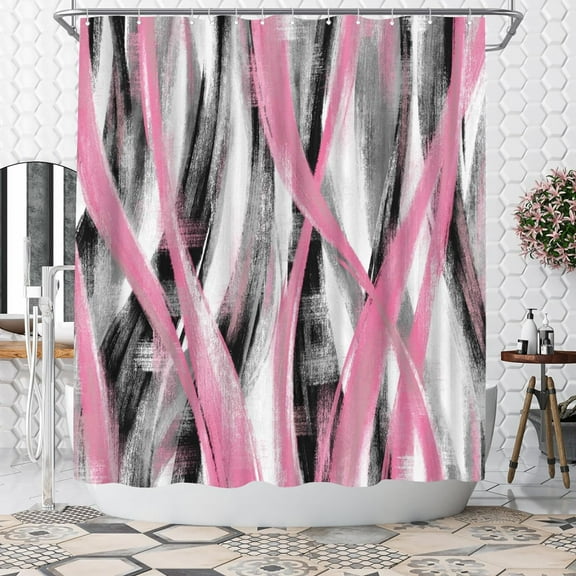 Geometric Shower Curtain Modern Abstract Shower Curtain Bathroom Decor Polyester Fabric, 72x72inch (Pink and Grey)