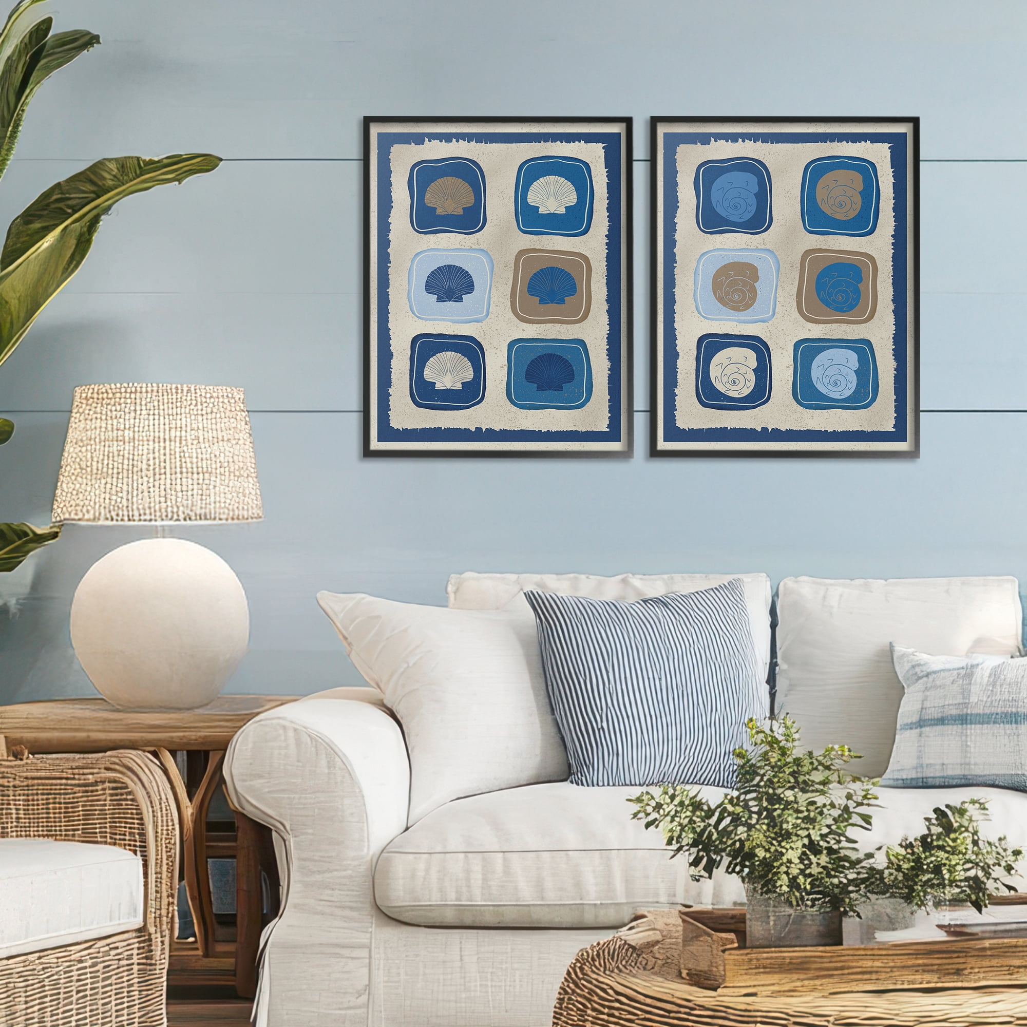 Stupell Industries Blue Blocked Seashells 2 Piece Black Framed Giclee Art Set, design by Julia Frost