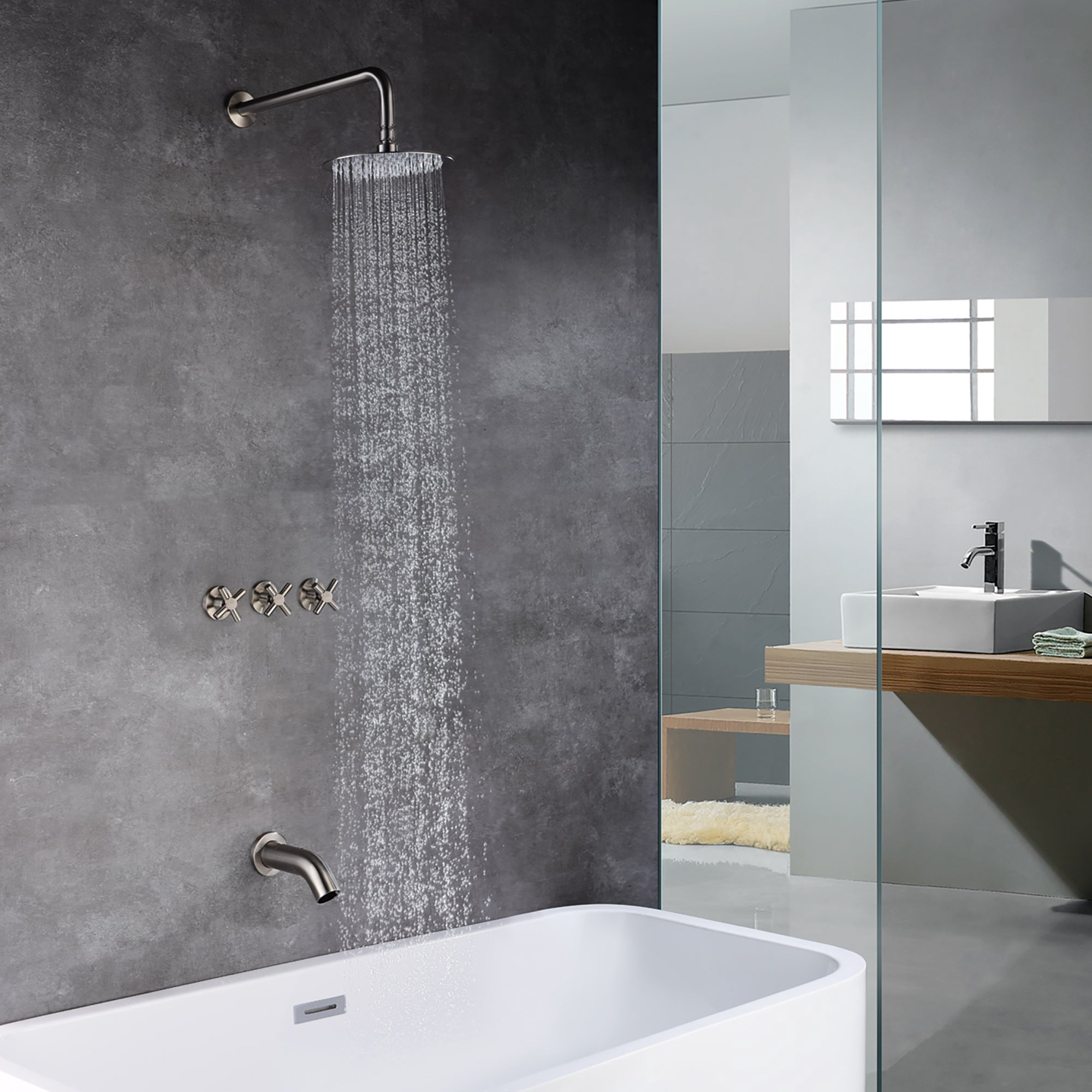 SUMERAIN High Flow Tub and Shower Faucet Set 3 Handle with Valve,Brushed Nickel Waterfall Tub Spout and Rain Shower Head