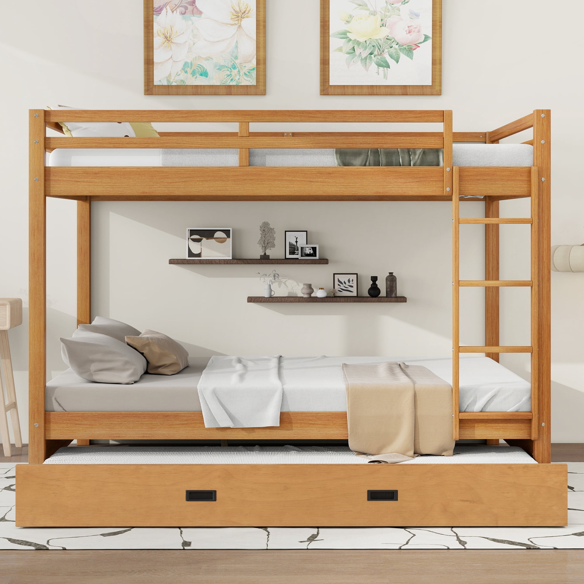 EUROCO Queen over Queen Size Bunk Bed with Trundle for Kids Teens Adults, Wood Color