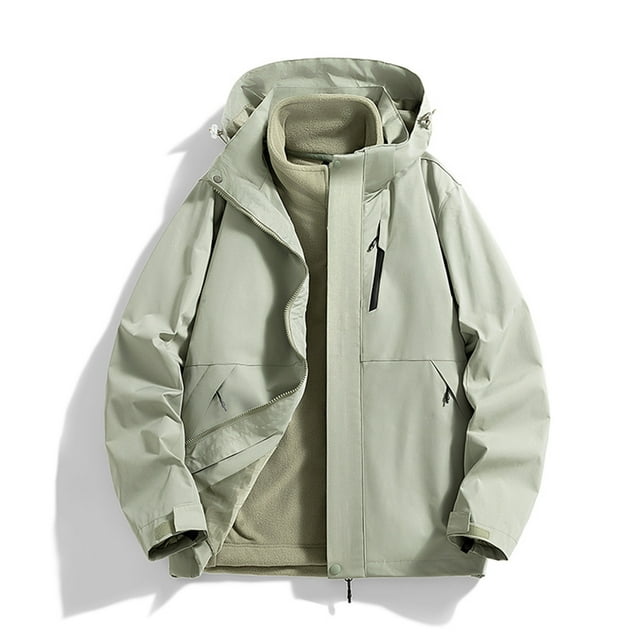 LOVZFMLL Jackets for Men's Solid Color Hooded Three-in-one Detachable Multi-pocket Cardigan Relaxation Outdoors Zipper Overcoat Coat