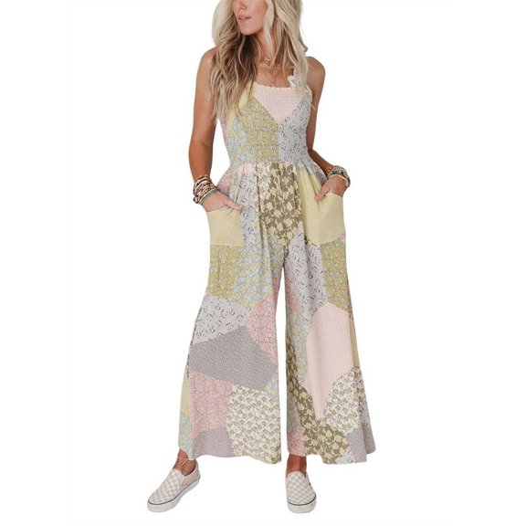 Chouyatou Women's Wide Leg Smocked Jumpsuit Color Block Floral Print Sleeveless Romper Pants