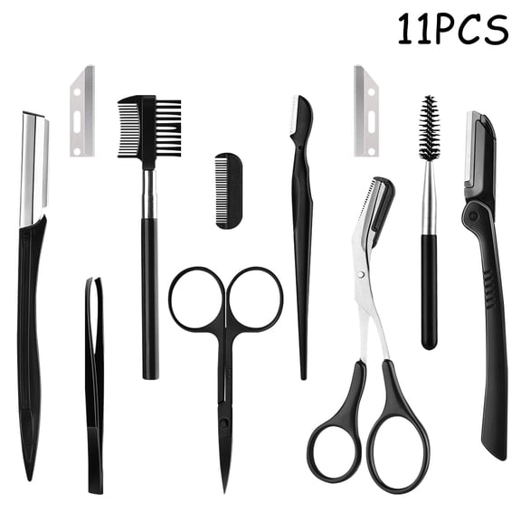 11Pcs Eyebrow Tweezers Kit, Stainless Steel Eyebrow Grooming and Trimming Set Includes Razor, Scissors and Brush with Comb for Women, Black