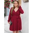 thumbnail image 2 of Vestido Midi plisado con volantes para mujer, traje de manga larga con cuello en V, holgado e informal, talla grande, Otoño, 2023, 2 of 7