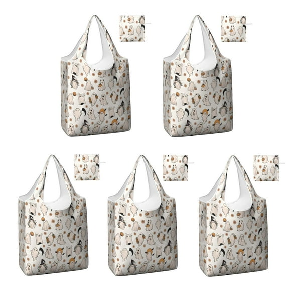 5 Pack Foldable Shopping Bag,Vintage Ghost Halloween Pattern Reusable Grocery Bags with Pockets,Large Reusable Tote Bags with Handles Waterproof & Lightweight
