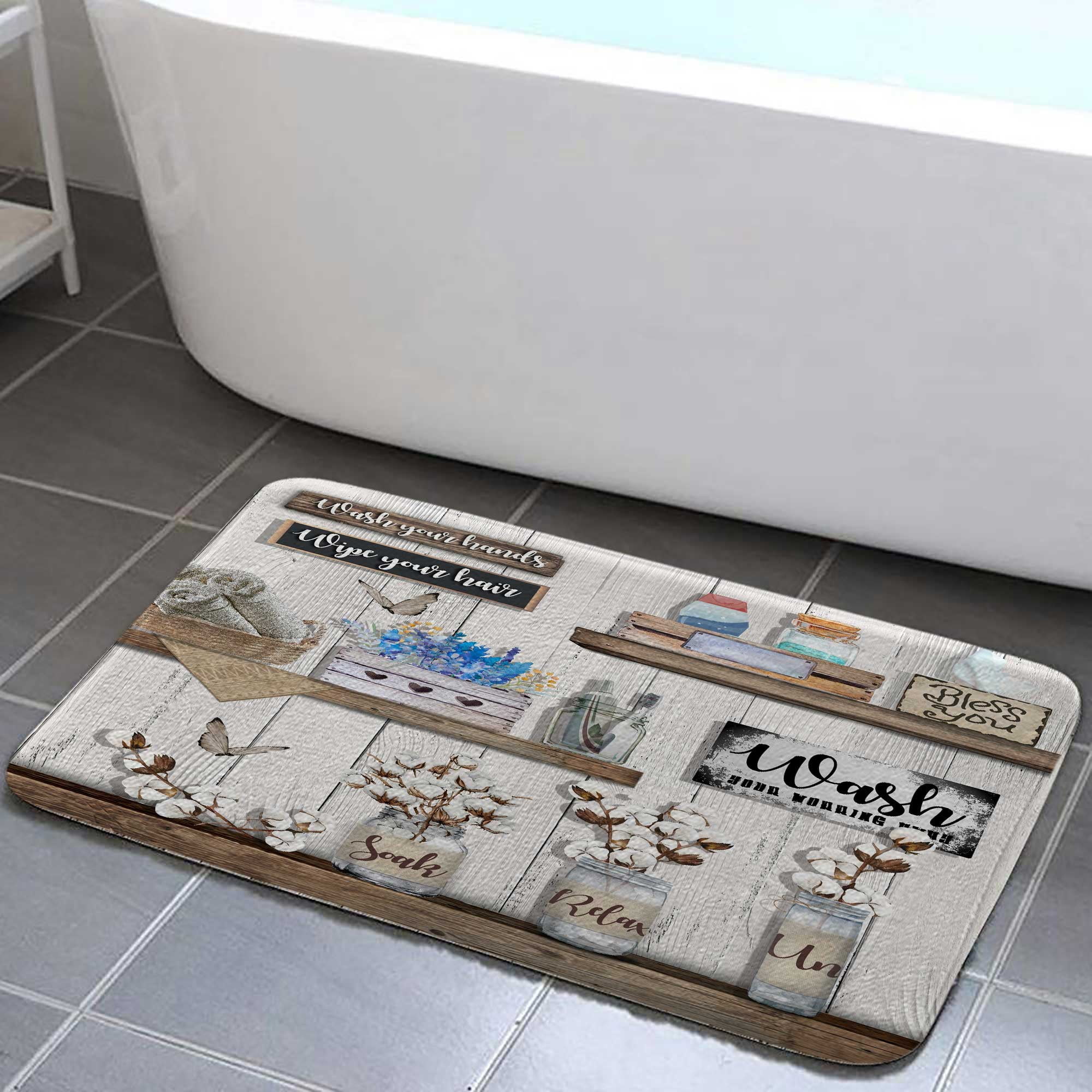 Rustic Farmhouse bath mats for bathroom non slip, Grey Country Bathroom Mat with Flower and