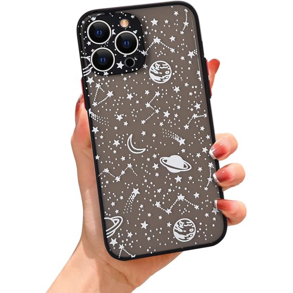 Compatible with iPhone 13 Pro Max Cute Planet Sky Star Pattern Case,Clear Hard Frosted Back Soft TPU Bumper Anti-Scratch Shockproof Protective Case for iPhone 13 Pro Max 6.7" Women Girls-Black