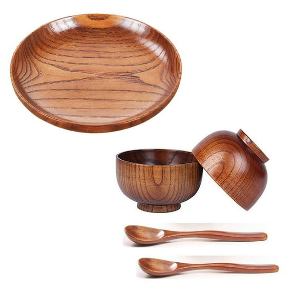 4 Pcs Wooden Handmade Bowl and Spoon & 1 Pcs Tableware Household Wooden Bread Dish Tray
