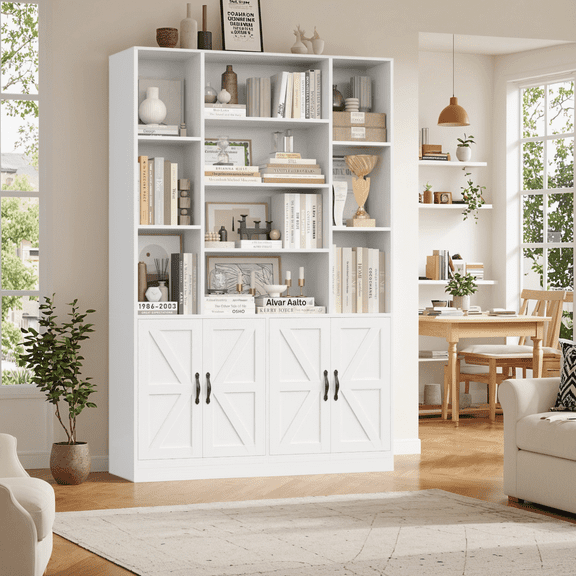 Hiphuta 75" Tall Modern Bookcases with 2 Double Door Cabinet, 47"Wide Wooden Storage Bookshelf for Living Room Home Office Entryway, White