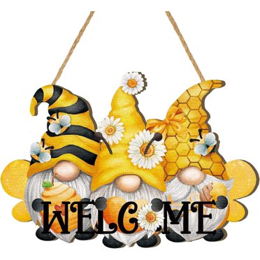 Jinswick Bee Welcome Wood Door Hanger Wooden Gnome Sign Farmhouse Wall Porch Art Summer Front Door Wreath Hanging for Bedroom Living Room Indoor Outdoor Kitchen Home Decor