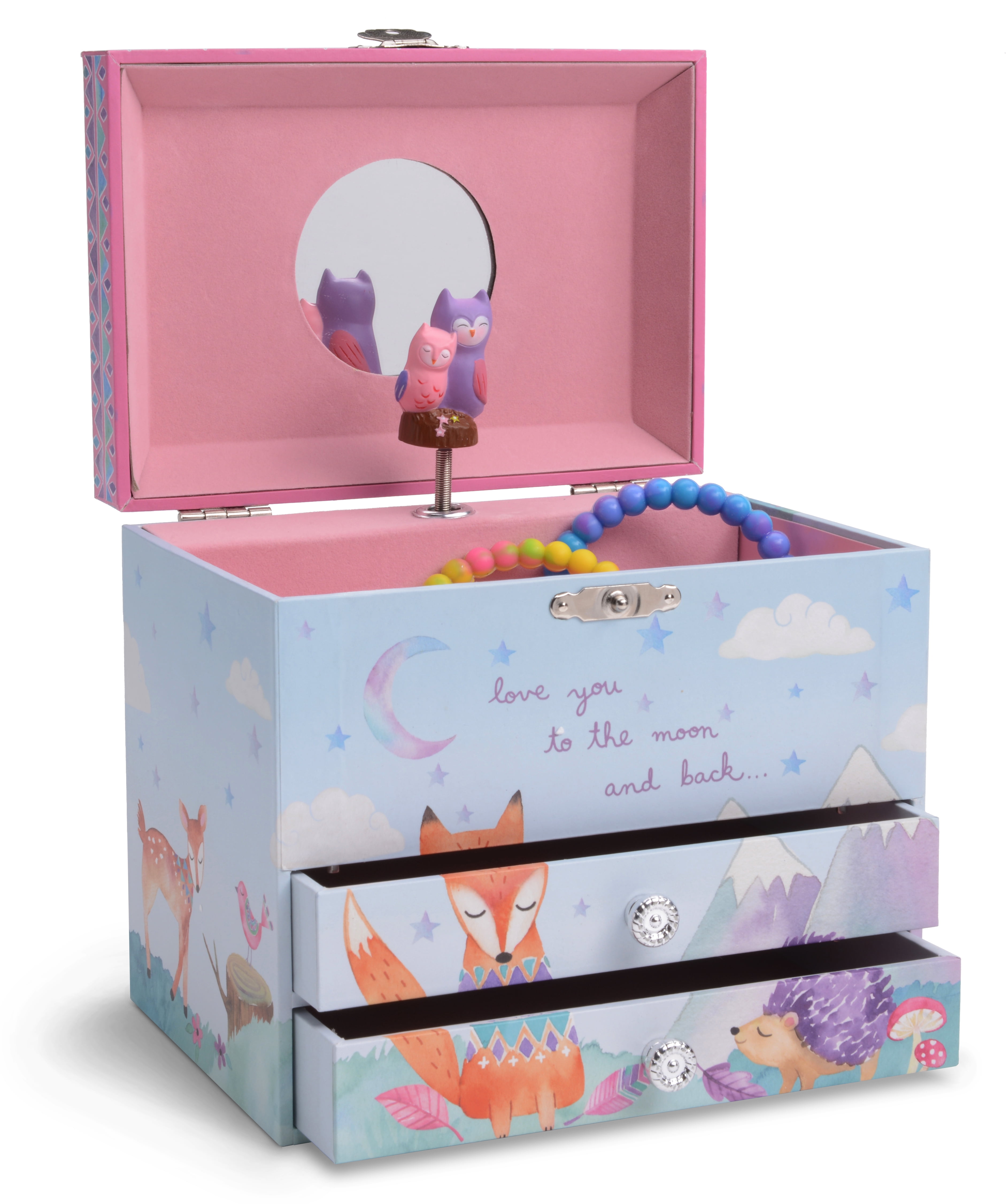 Jewelkeeper Musical Jewelry Box with 2 Pullout Drawers with Spinning Owls, Woodland Design