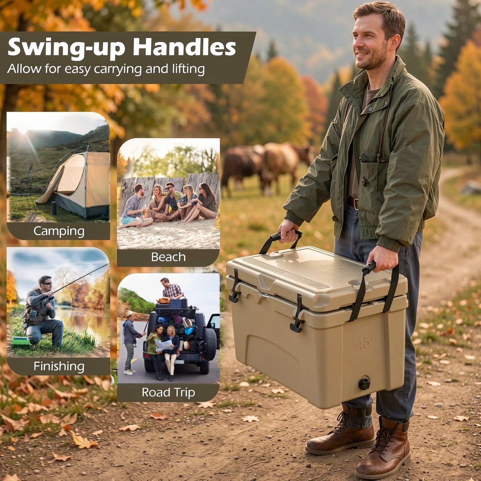 Biotree 45 Quart Portable Hard Cooler Insulated Ice Chest Keeps Cool for up to 6 Days, Khaki