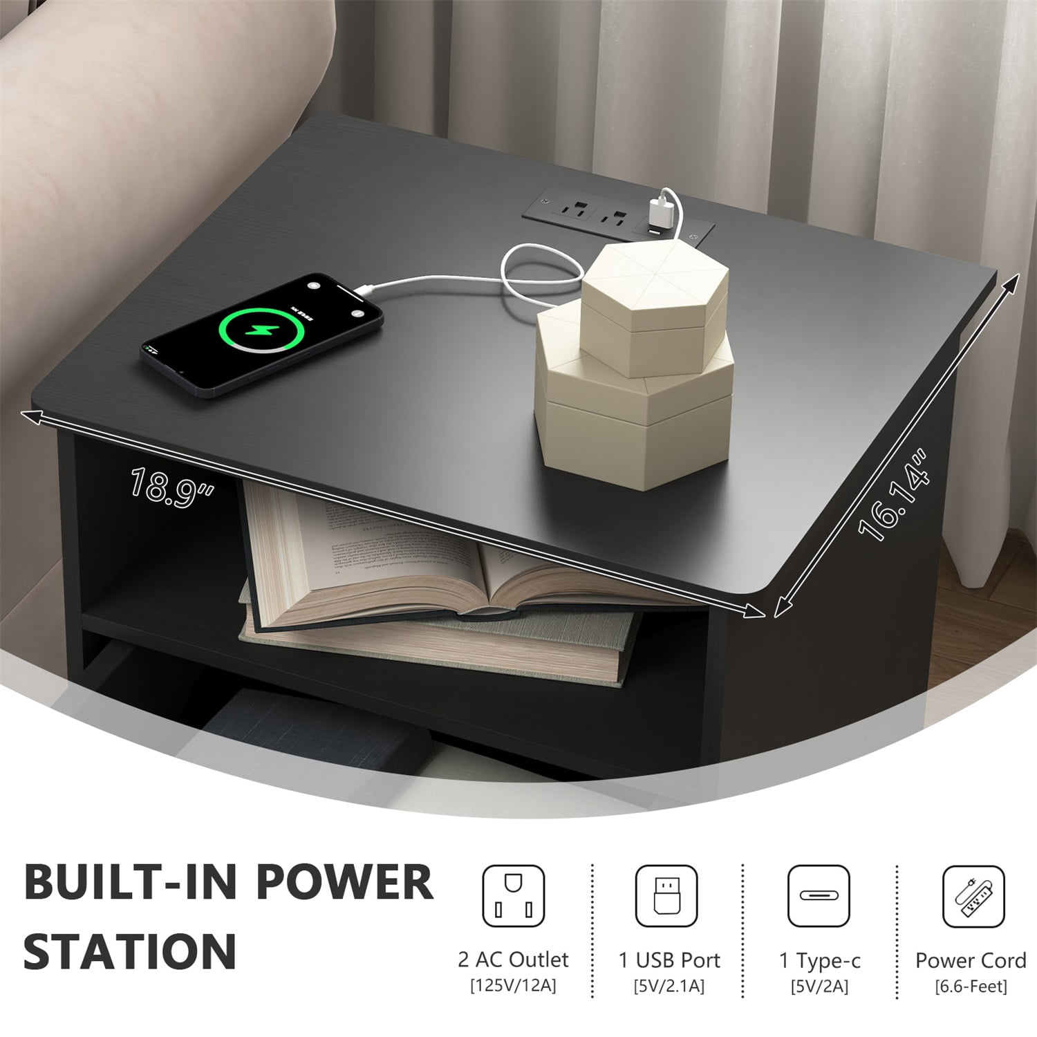 Hommoo Modern Nightstand with 2 Drawers and Open Shelf, End Side Table Bedside Table with Charging Station, Black