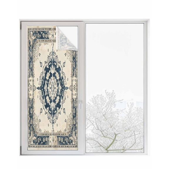 Window Privacy Film Navy Blue Boho Stained Glass Window Film Decorative Sun Block Window Cover Retro Southwestern Ethnic Geometric Window Clings Static Adhesive Sticker for Bathroom 29.5"x78.7"