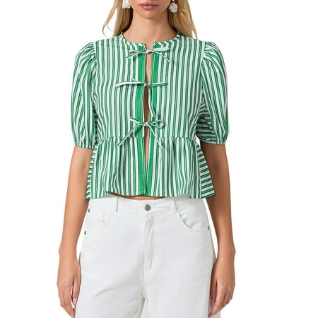 YiLvUst Women s Babydoll Blouse Striped Short Sleeve Open Front Tie-Up Tops