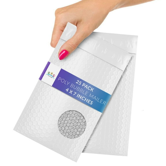 White Poly Bubble Mailers, 4 x 7 Inch. Pack of 25 Shipping Padded Envelopes Self Seal. Waterproof Bubble Poly Mailers. Cushioning Plastic Shipping Bags for Clothes. Padded Mailing Envelopes