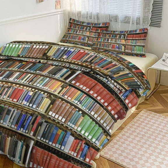 3 Pcs Soft Bedding Set, Includes 1 Duvet Cover with Zipper And 2 Pillow Shams,Library Bookshelf Twin(86"x70")