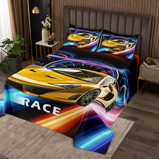 YST Boys Sports Car Twin Quilt Set Yellow Race Car Bedspread Set,Racing Car Printed Coverlet Set Colorful Line Bedding Set Kids Girls Bedroom Decor,Microfiber 2 Piece