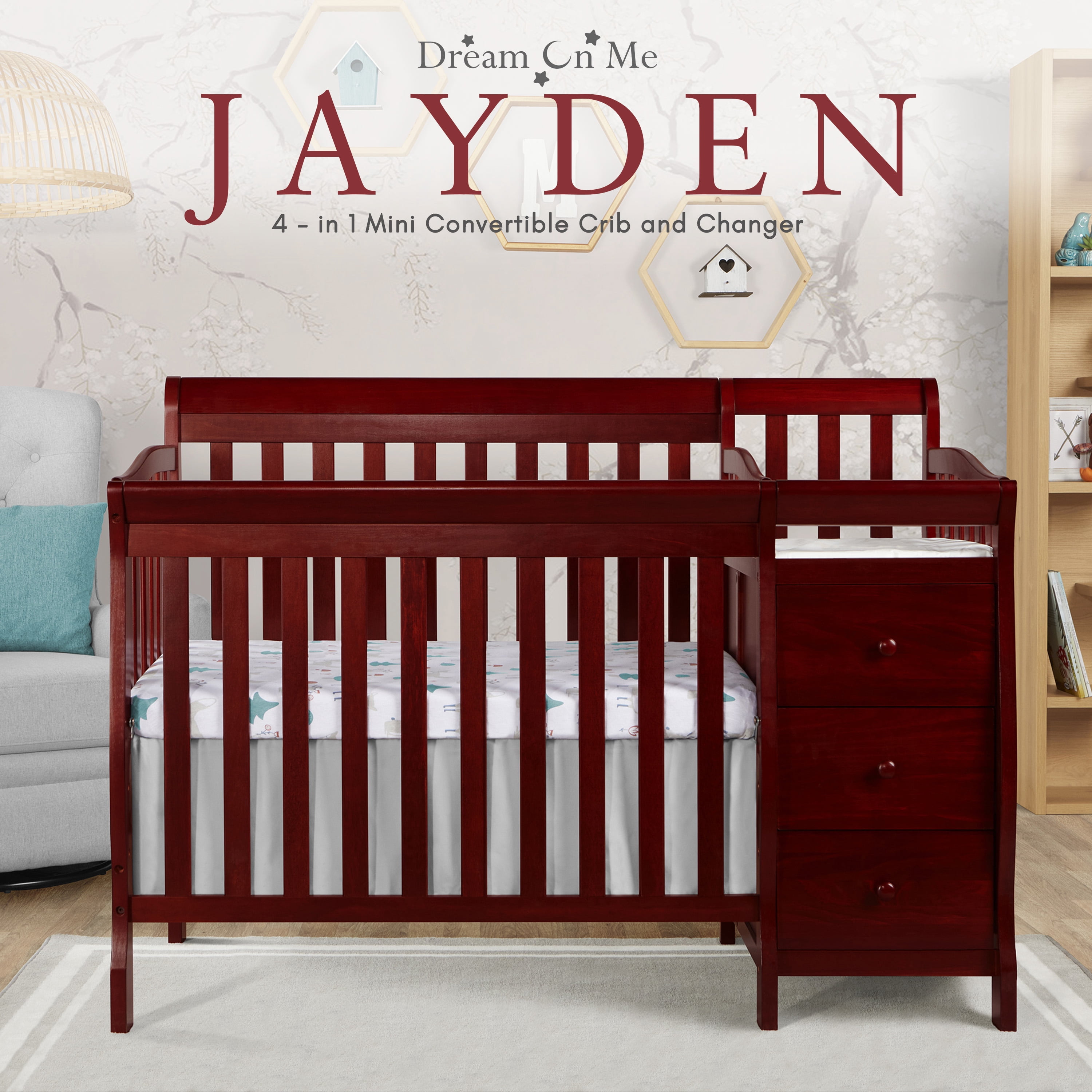 Dream On Me Jayden 4-in-1 Convertible Mini Crib and Changer, Cherry