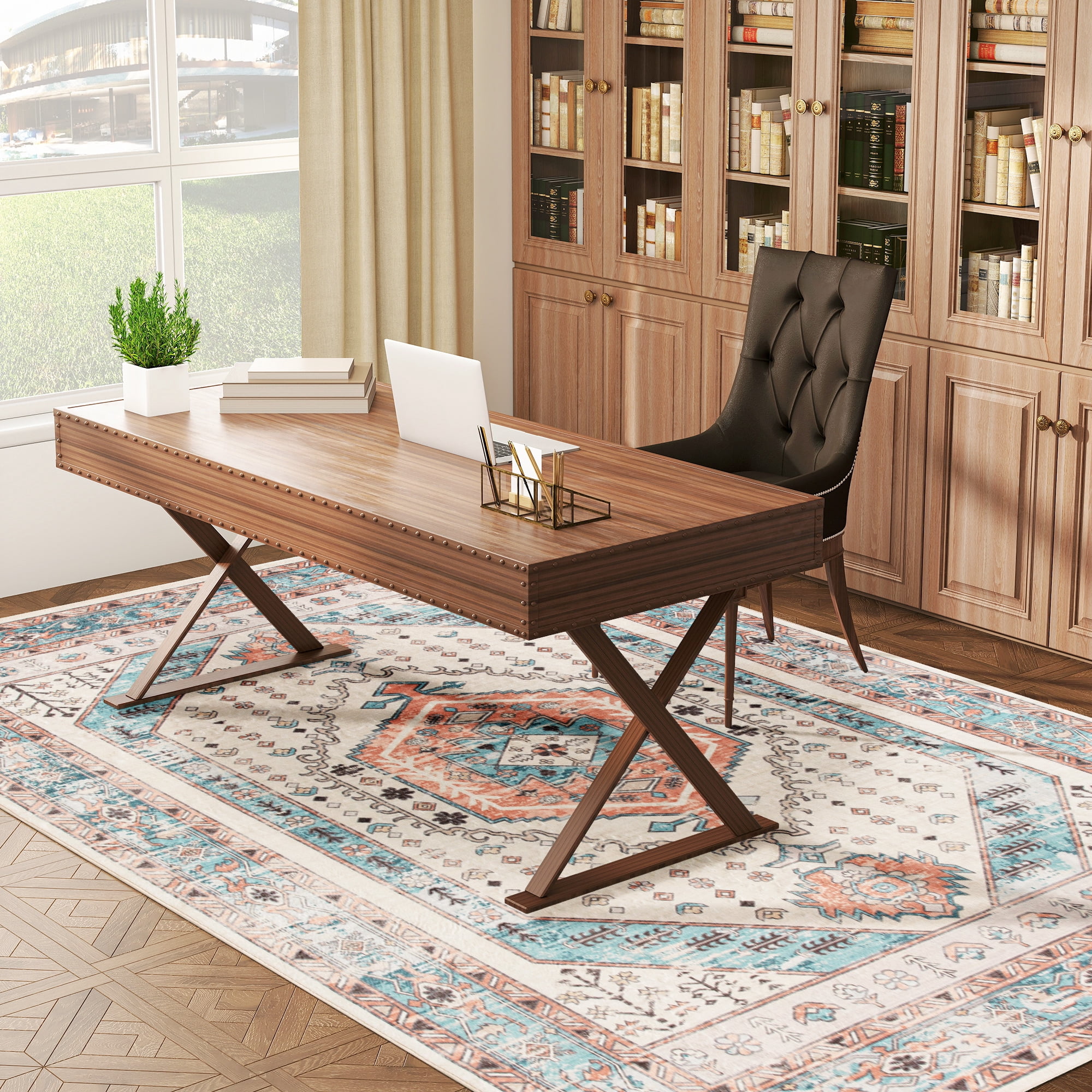 HOMCOM 8x10 Area Rug, Vintage Machine Washable Rug for Bedroom, Brown Blue